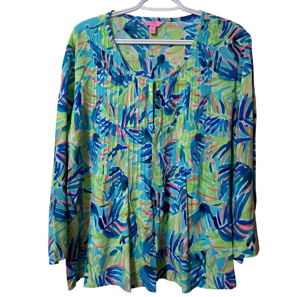 Lilly Pulitzer Women XL Blouse Blue Green Tropical Palm Leaf Pleated Front Rayon